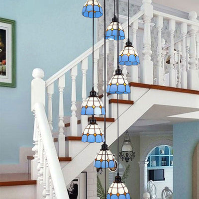 Contemporary Coastal Tapered Iron Resin Stained Glass 10-Light Chandelier For Living Room