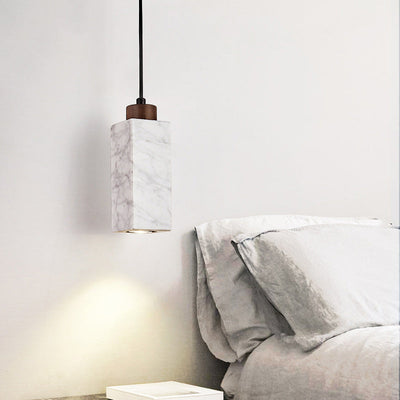 Modern Minimalist Rectangular Solid Wood Marble 1-Light Pendant Light For Bedroom