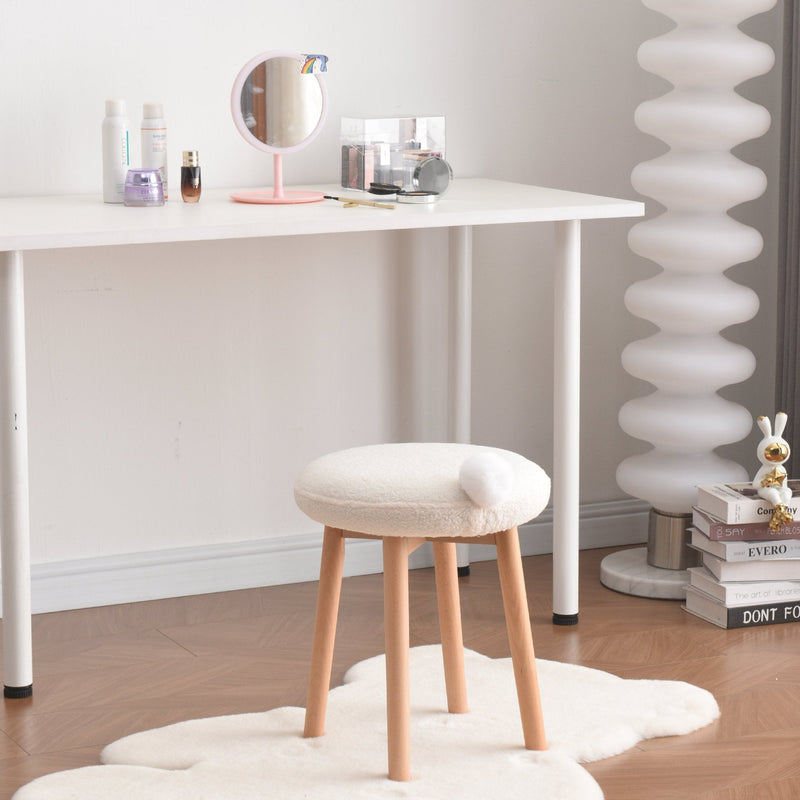 Modern Minimalist Round Lambswool Wood Vanity Stool For Bedroom