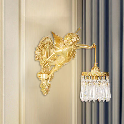 French Light Luxury Crystal Brass Flower Angel Shape 1-Light Wall Sconce Lamp