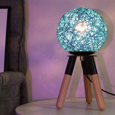 Contemporary Nordic Rattan Ball Wood Tripod 1-Light Table Lamp For Bedroom