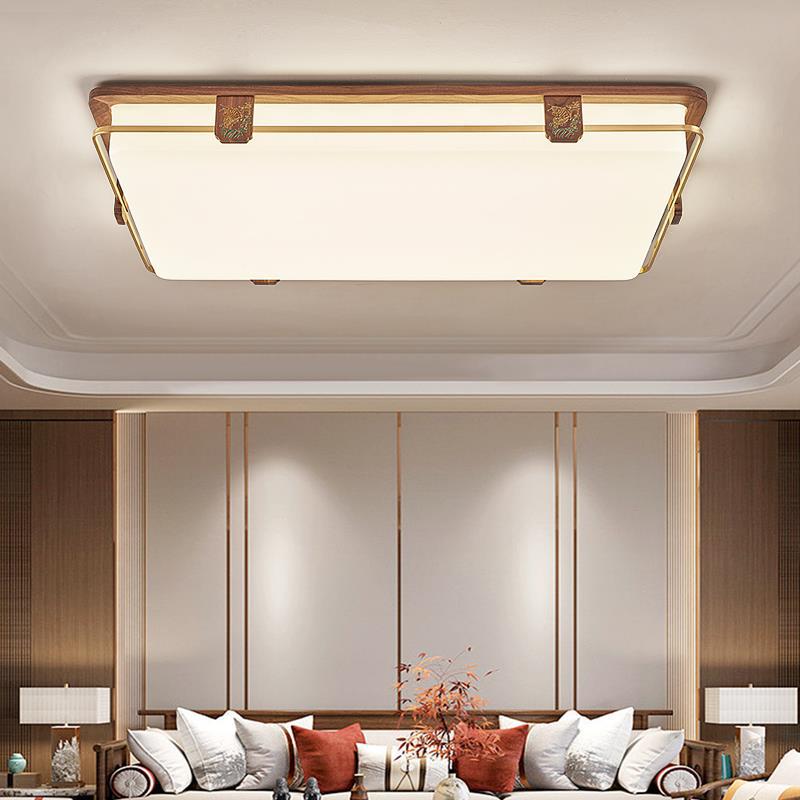 Traditional Chinese Walnut Copper Acrylic Round Square Rectangular LED Flush Mount Ceiling Light For Living Room