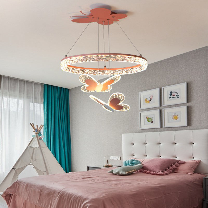 Contemporary Creative Kids Round Butterfly Iron Acrylic LED Chandelier For Bedroom