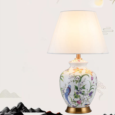 Traditional Chinese Oval Round Table Flower Bird Ceramic Iron Fabric 1-Light Table Lamp For Bedroom