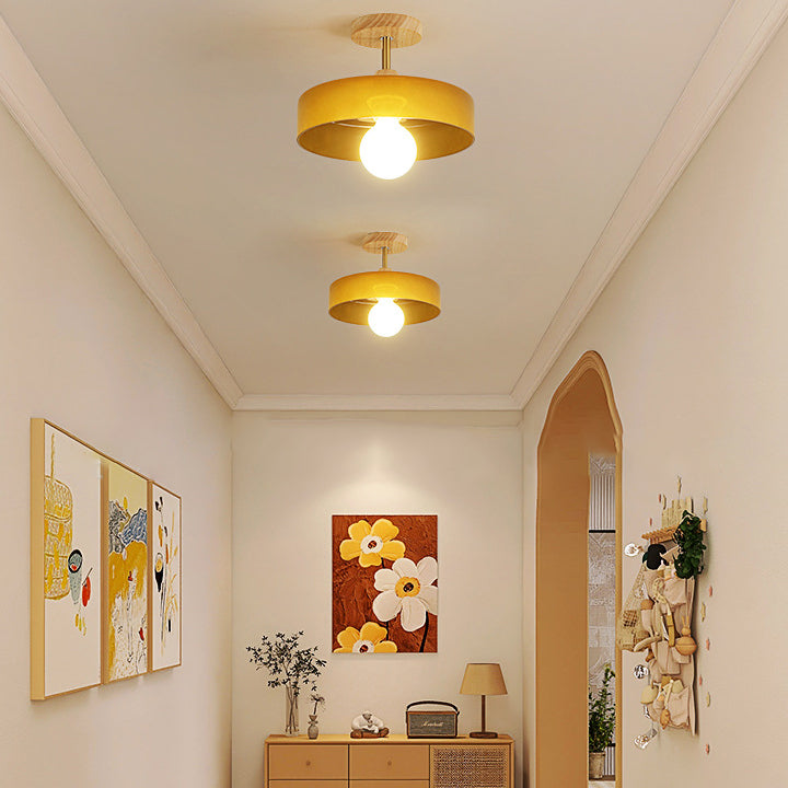 Modern Minimalist Round Wood Glass 1-Light Semi-Flush Mount Ceiling Light For Living Room