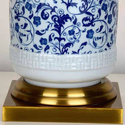 Traditional Chinese Cylinder Round Table Square Base Copper Ceramic Fabric 1-Light Table Lamp For Bedroom