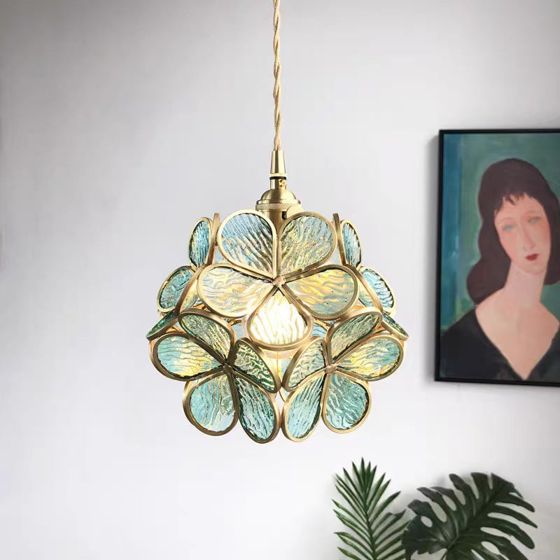 Modern Art Deco Brass Petal Glass Shade 1-Light Pendant Light For Living Room