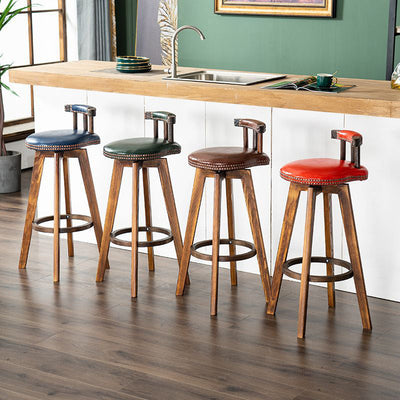 Contemporary Retro Round Leather Wood Legs Swivel Bar Stool Low Back Footrest For Dining Room