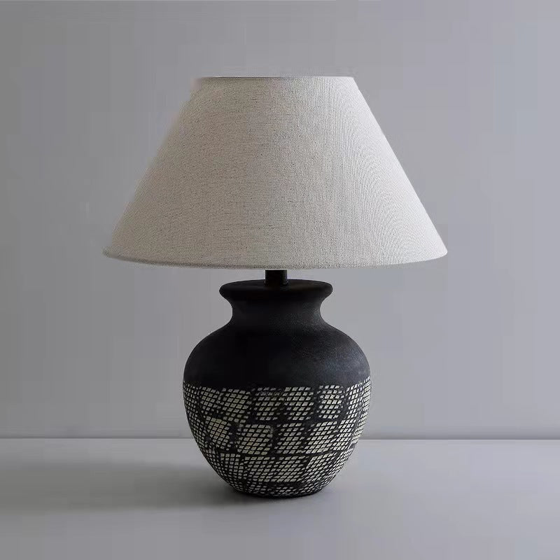 Traditional Japanese Vintage Cone Fabric Round Ceramic Jar Base 1-Light Table Lamp For Bedroom