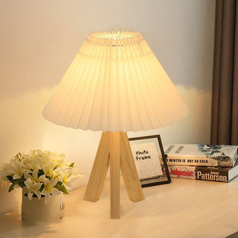 Modern Minimalist Trapezoid Tripod Pleated Fabric Shade Wood 1-Light Table Lamp For Bedroom