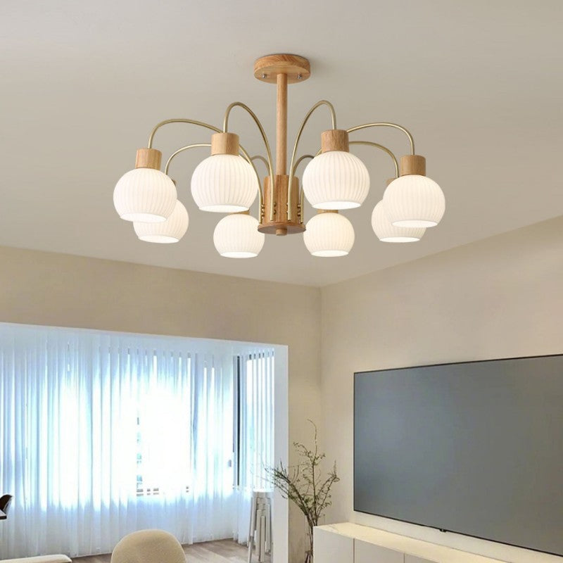 Modern Minimalist Branch Round Solid Wood Glass Hardware 6/8 Light Chandelier For Living Room