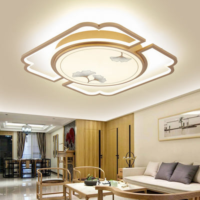 Traditioanl Chinese Iron Aluminum Acrylic Round Rectangular Square Ginkgo Leaf LED Semi-Flush Mount Ceiling Light For Living Room
