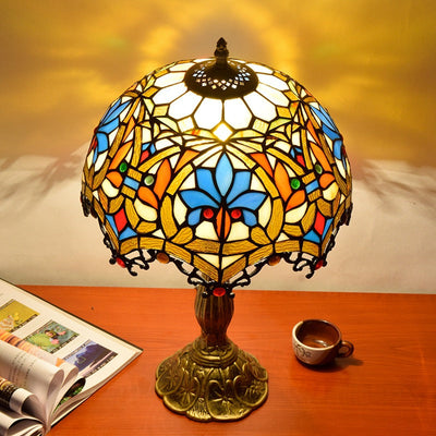 Traditional Tiffany Flower Gemstone Stained Glass 1-Light Table Lamp For Living Room