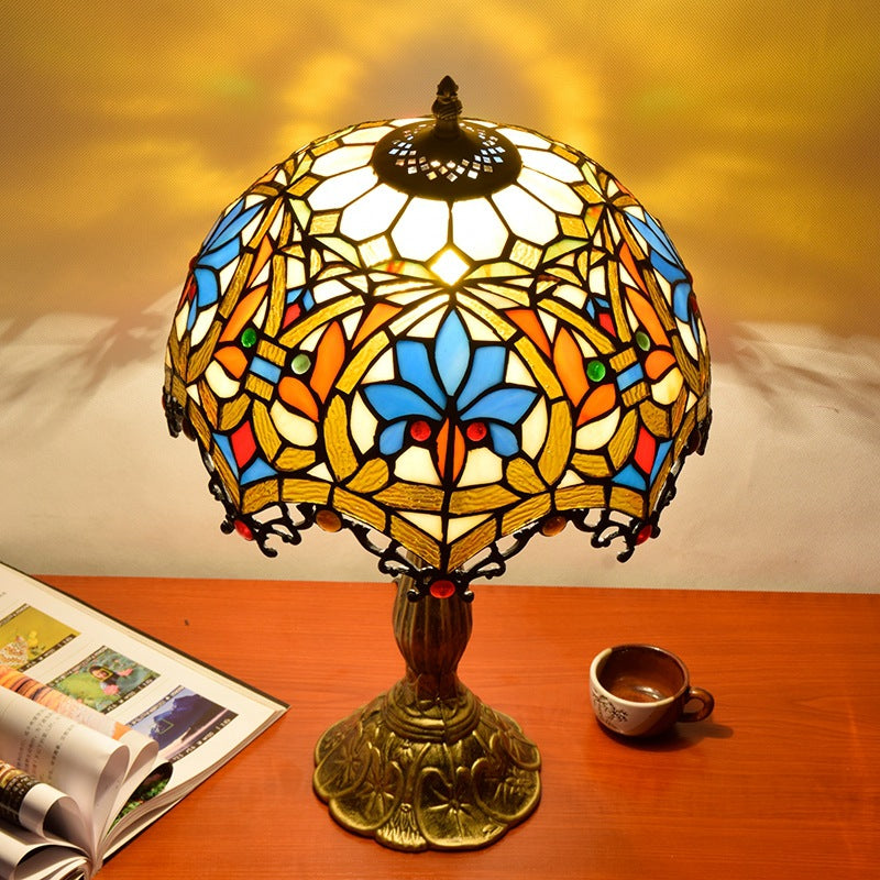 Traditional Tiffany Flower Gemstone Stained Glass 1-Light Table Lamp For Living Room