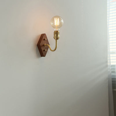 Contemporary Retro Diamond Curved Pole Wood Brass 1-Light Wall Sconce Lamp For Bedroom