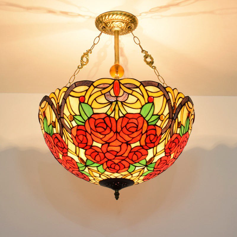 Traditional Tiffany Stained Glass Rose Flower Iron 3-Light Chandelier For Living Room