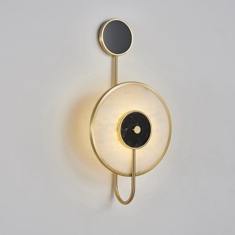 Modern Minimalist Concentric Circles Curved Pole Marble Disc Iron Copper LED Wall Sconce Lamp For Living Room