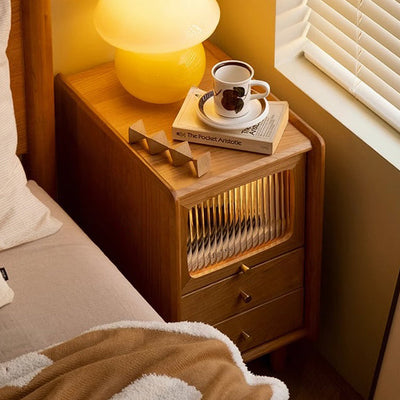 Traditional Japanese Rectangular Wood Nightstand With 3-Drawer For Bedroom