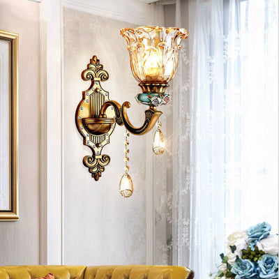 Traditional European Floral Zinc Alloy Resin Crystal Glass 1-Light Wall Sconce Lamp For Hallway