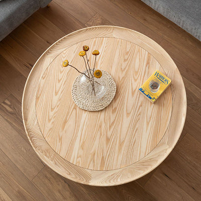 Contemporary Nordic Round Wood Rattan Coffee Table 2-Tier For Living Room