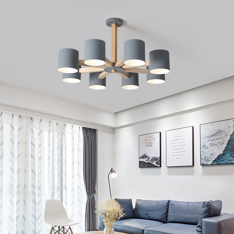 Contemporary Scandinavian Branch Round Wood Hardware 6/8 Light Chandelier For Living Room