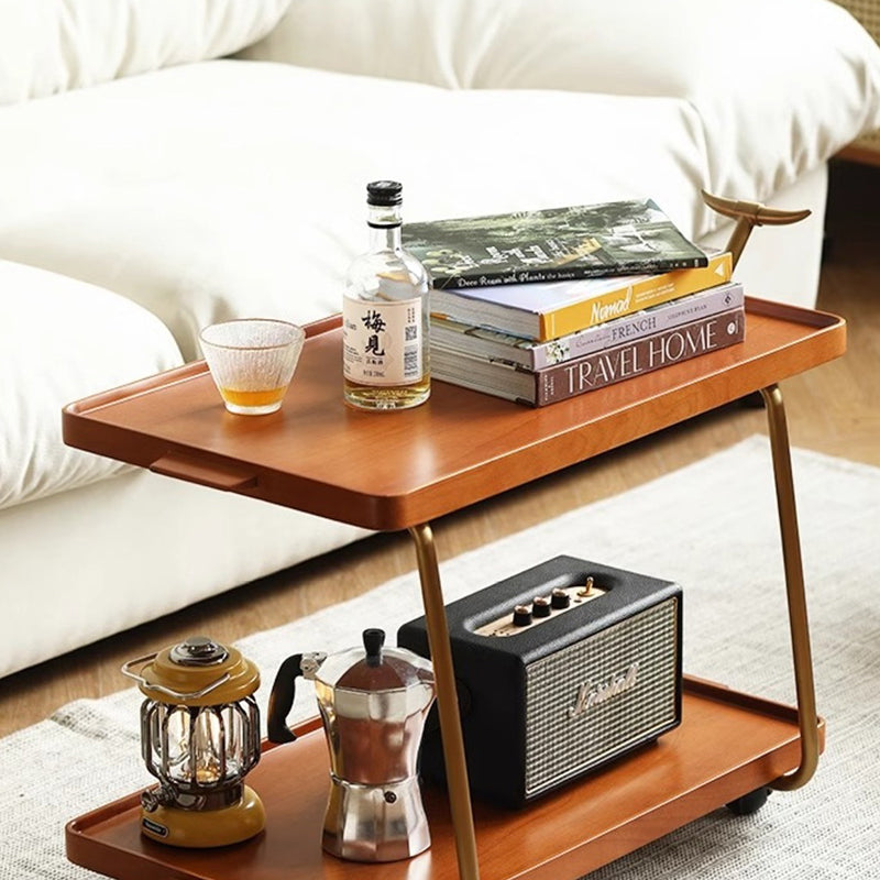 Contemporary Retro Rectangular Rubber Wood Stainless Steel Movable Side Table 2-Tier For Living Room