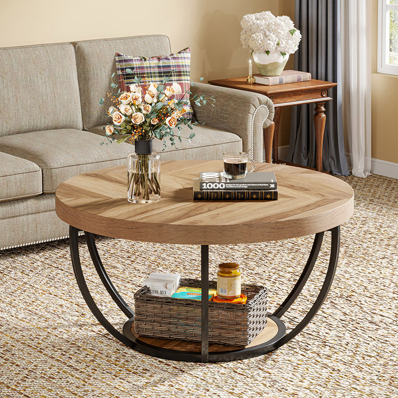 Modern Luxury Round Top Density Board Steel Coffee Table 1-Shelf For Living Room