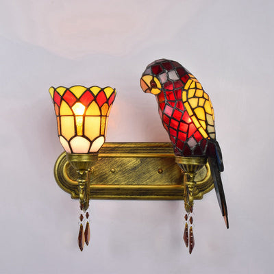 Traditional Tiffany Parrot Stained Glass Crystal String 2-Light Wall Sconce Lamp For Living Room