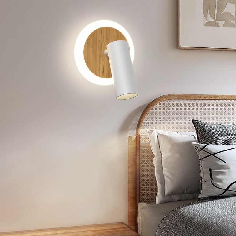 Modern Minimalist Round Wood Aluminum LED Wall Sconce Lamp For Bedroom