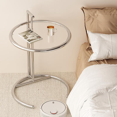 Modern Minimalist Round Tabletop Stainless Steel Tempered Glass Side Table Extendable For Living Room