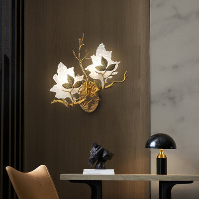 Modern Luxury Copper Colored Glass Maple Leaf Branch 2-Light Wall Sconce Lamp For Living Room