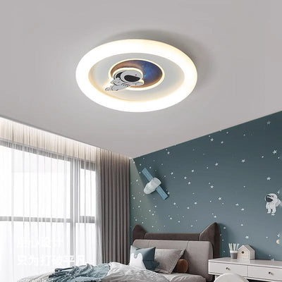 Contemporary Creative Kids Round Rocket Astronaut Iron Acrylic LED Flush Mount Ceiling Light For Bedroom