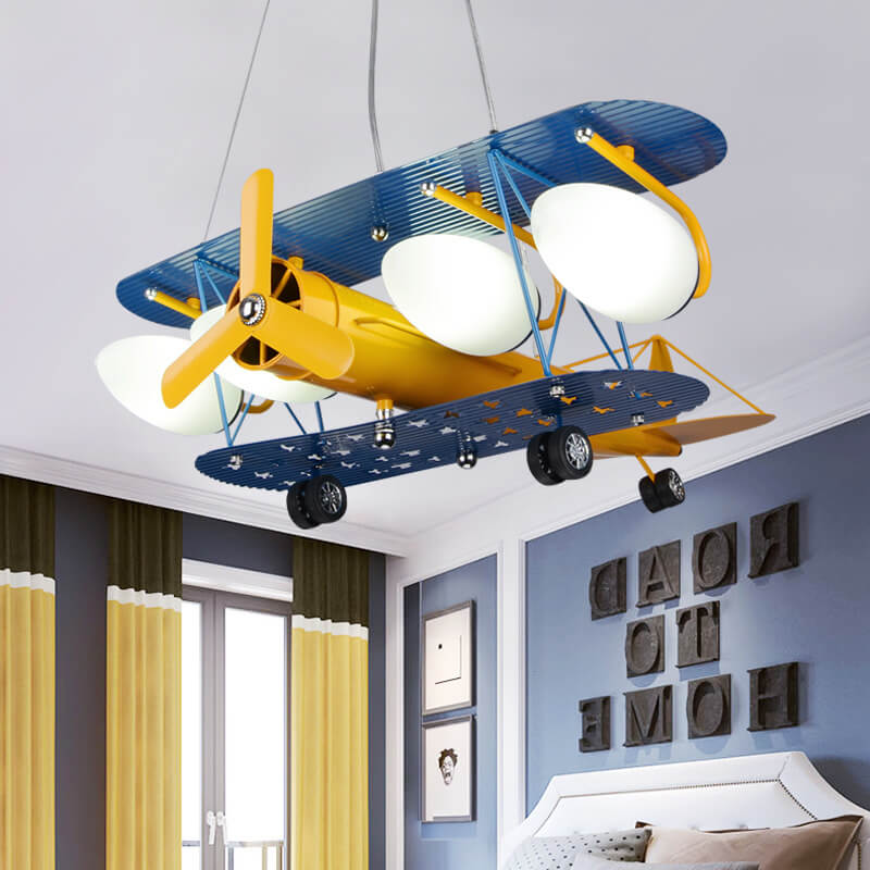 Contemporary Creative Cartoon Metal Aircraft Glass Shade 5-Light Kids Chandelier For Bedroom