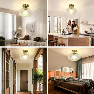 Modern Minimalist Round Patterned Spherical Glass Crystal Iron 1-Light Semi-Flush Mount Ceiling Light For Living Room