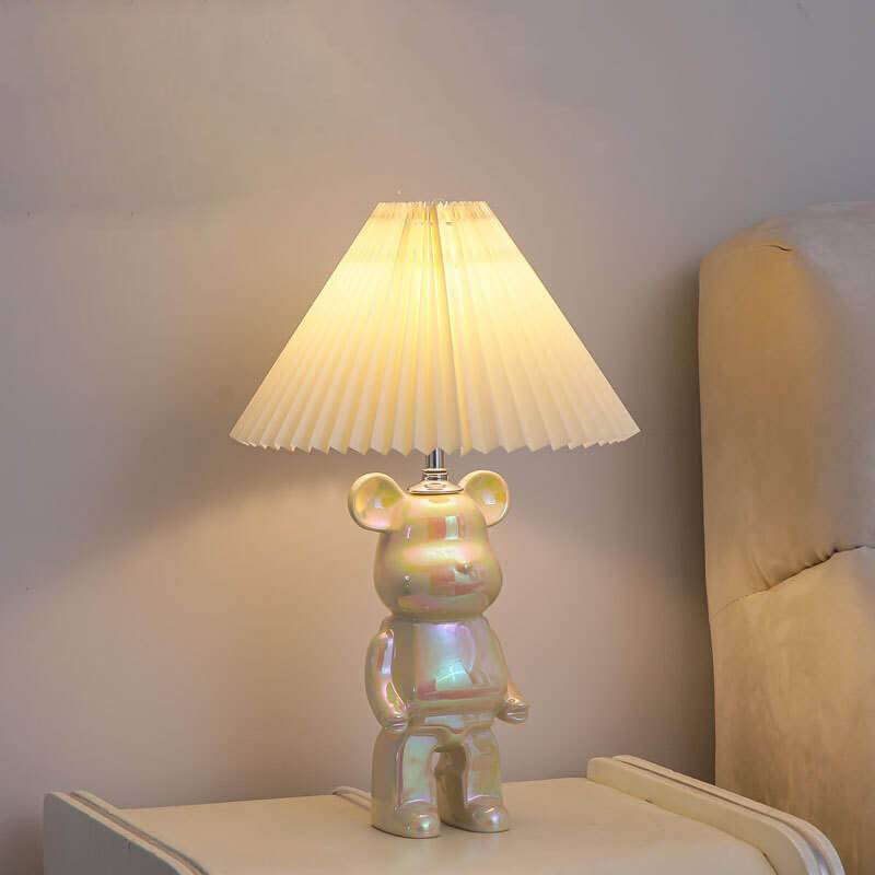 Contemporary Creative Bear Ceramic Fabric 1-Light Table Lamp For Bedroom