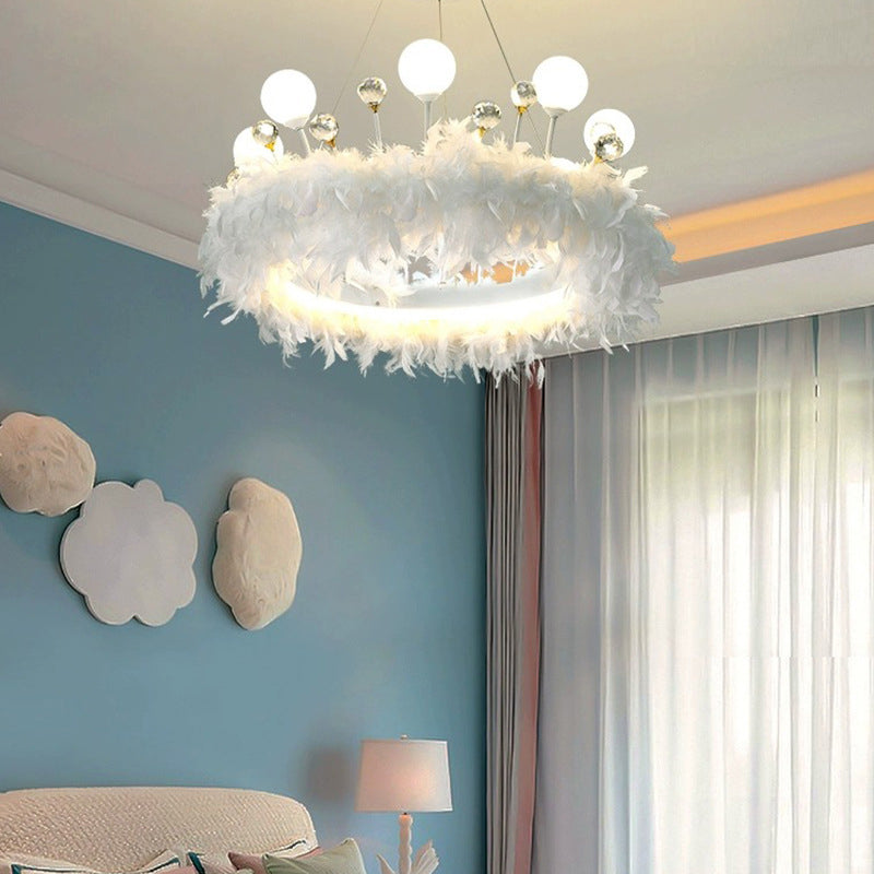 Contemporary Creative Crown Acrylic Ring Feather Decor LED Chandelier For Living Room