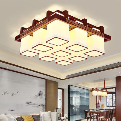 Traditional Chinese Square Round Faux Sheepskin Wood 6/9 Light Flush Mount Ceiling Light For Bedroom