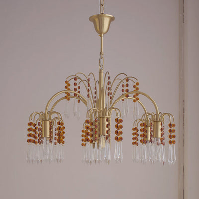 Traditional French Hanging Bead Chain Copper Crystal 3/6/8 Light Chandeliers For Livnig Room