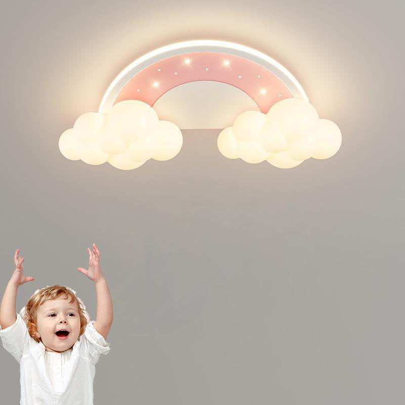 Modern Art Deco Kids Iron PE Cloud Rainbow Semicircular Astronaut LED Flush Mount Ceiling Light For Bedroom