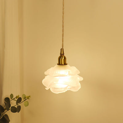 Traditional French Romantic Rose Glass Shade Brass 1-Light Pendant Light For Living Room