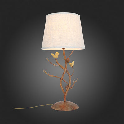 Lampe de table à 1 lumière avec abat-jour en tissu Art déco moderne, pomme de pin, oiseau, base en fer, pour chambre à coucher 