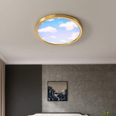 Modern Simplicity Full Copper Blue Sky Cloud Design Round Acrylic Shade LED Flush Mount Ceiling Light For Living Room