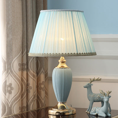 Traditional European Pleated Fabric Shade Ceramic Column Base 1-Light Table Lamp For Bedroom