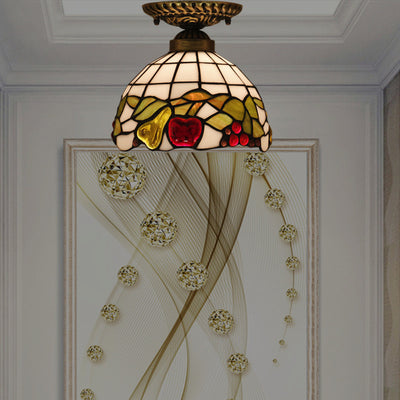 Traditional Tiffany Hemisphere Disc Base Apple Leaf Lattice Iron Stained Glass 1-Light Semi-Flush Mount Ceiling Light For Bedroom