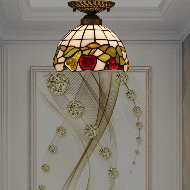 Traditional Tiffany Hemisphere Disc Base Apple Leaf Lattice Iron Stained Glass 1-Light Semi-Flush Mount Ceiling Light For Bedroom