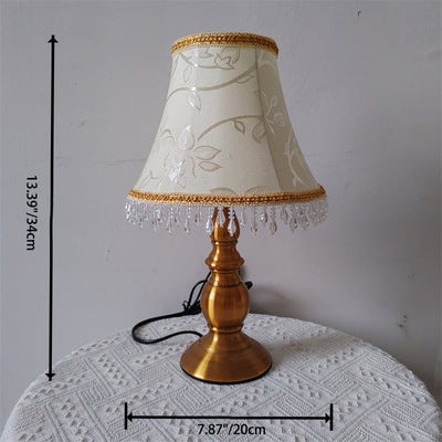 Traditional French Fabric Metal Flower Cylinder Fringe Bead 1-Light Table Lamp For Bedroom