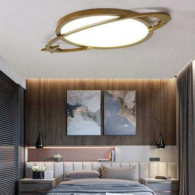 Contemporary Scandinavian Wood Acrylic Planet Round LED Flush Mount Ceiling Light For Bedroom