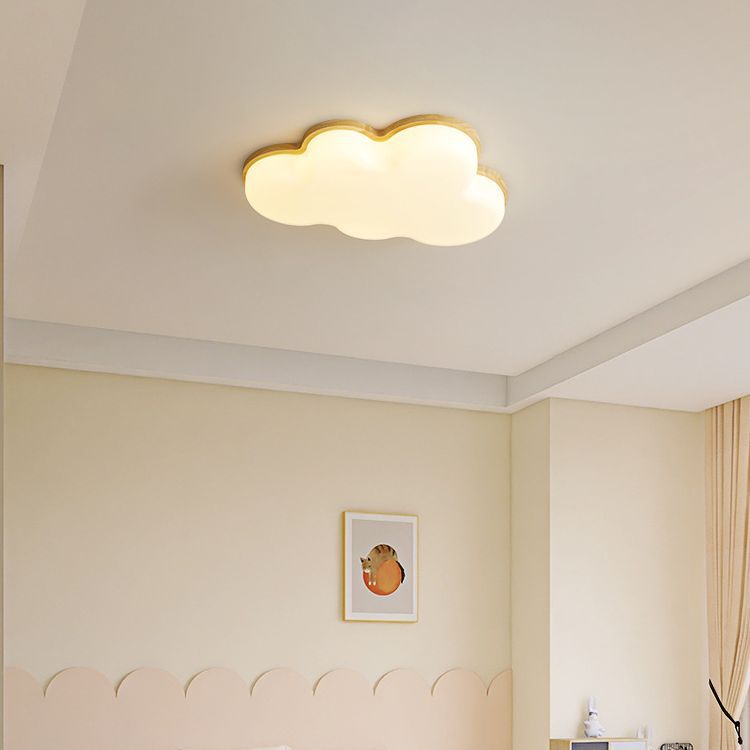 Modern Minimalist Cloud Shaped Rubberwood Acrylic LED Flush Mount Ceiling Light For Bedroom