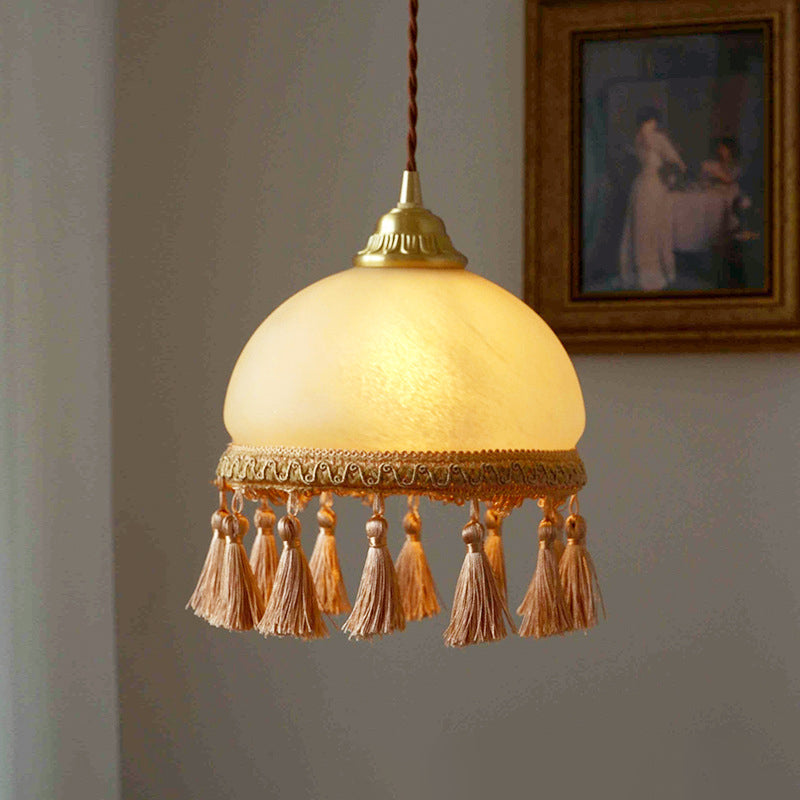 Traditional French Round Tassel Glass Copper Fabric 1-Light Pendant Light For Living Room