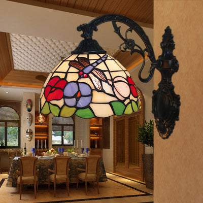 Traditional Tiffany Half Ball Floral Hanging Rod Iron Glass 1-Light Wall Sconce Lamp For Bedroom